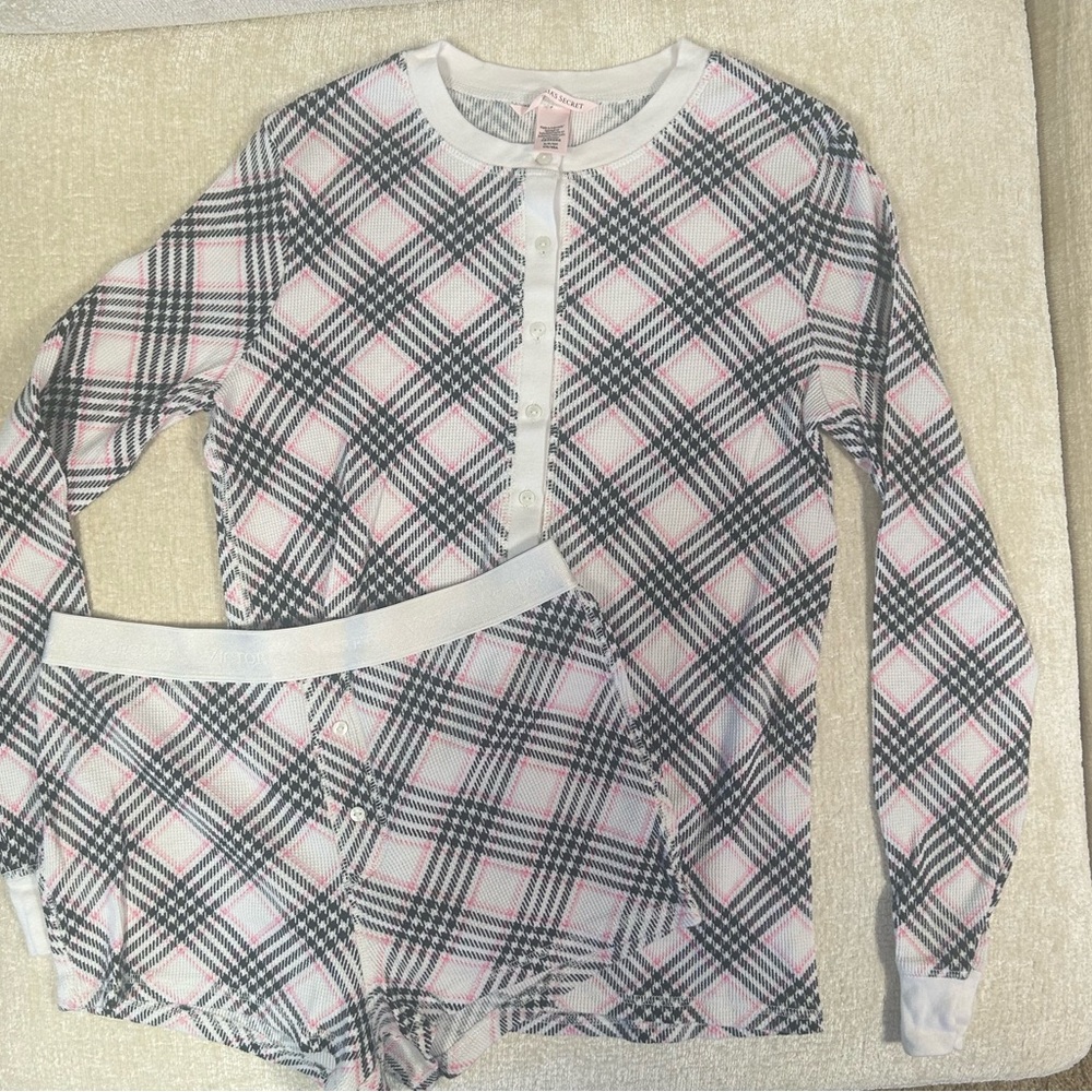 Victoria's Secret Plaid Pajama Top - Black, White, Pink